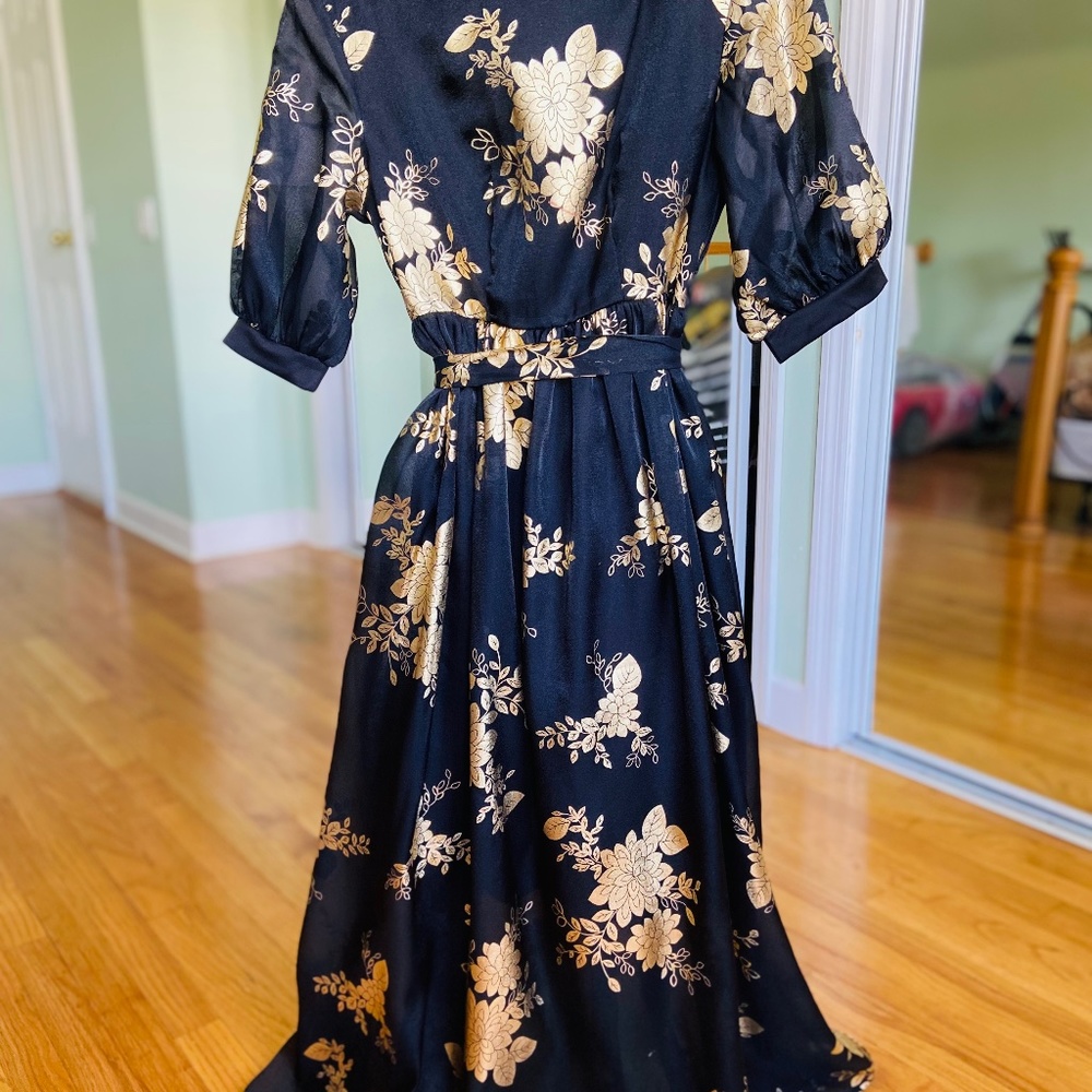 Rich Gold Floral Print, belted dress (small $30)